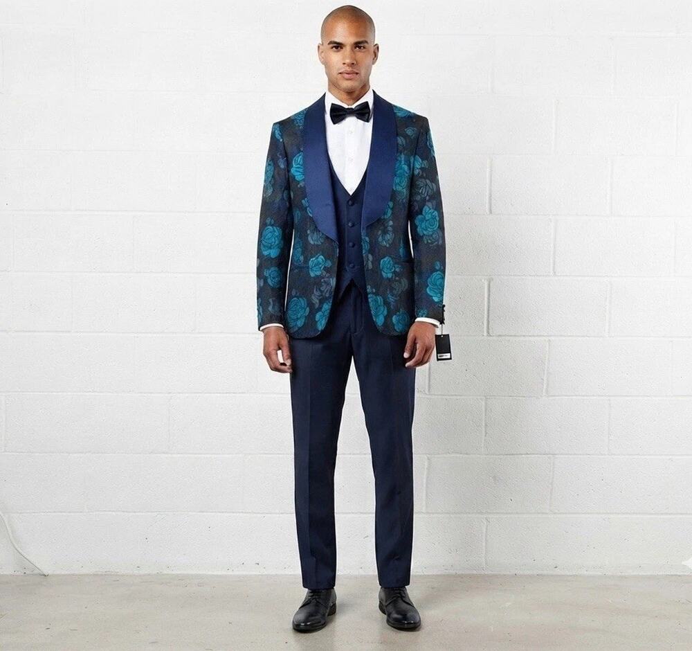 Pietro Scarlatti Mens Suit Tuxedo US 38 EU 48 Floral Blazer Vest Pants Blue T3